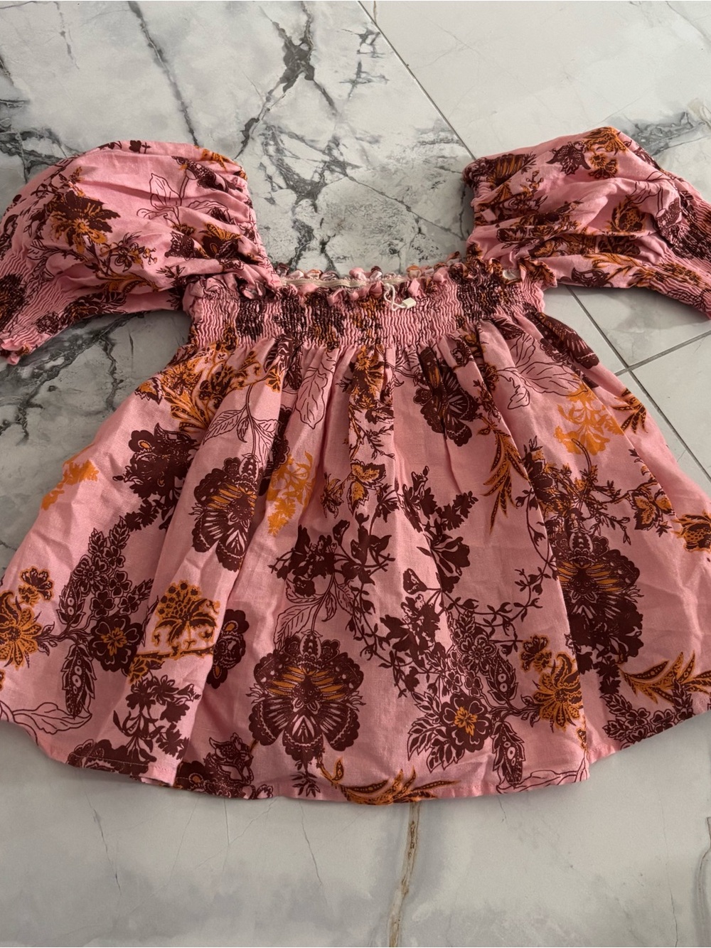 Girls Pink Floral Smocked Off-Shoulder Top with Puff Sleeves
